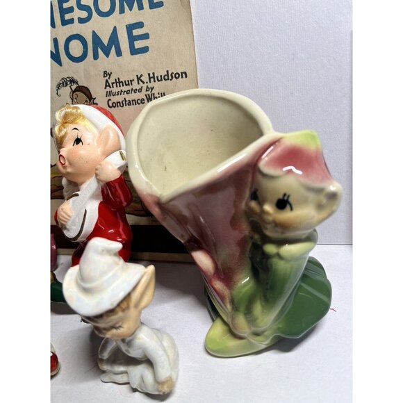 6 1950’s Japan ENESCO? PIXIE ELF FIGURINE Lot CERAMIC ELVES, Gnomes, Vase, 3”-5” - Picture 3 of 6